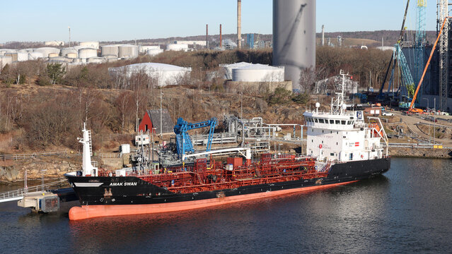 Gothenburg / Sweden, Mar 21, 2025: Buncering tanker Amak Swan with complex deck piping at the port.