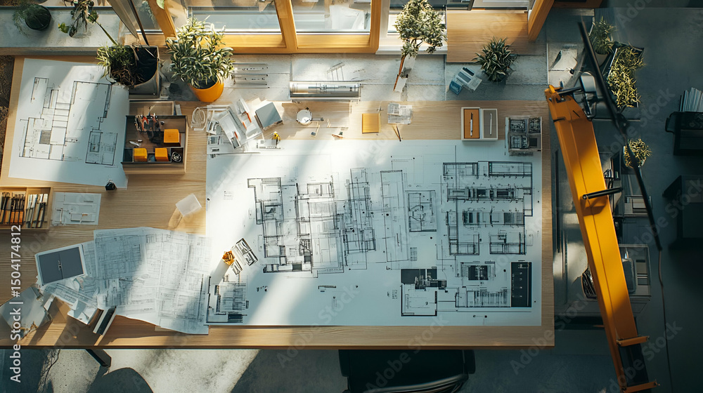 Poster overhead view of architectural blueprints and design tools on a sunlit desk
