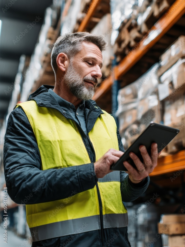 Poster Worker Checking Inventory on Tablet in Warehouse With Pallets Stacked in Background
