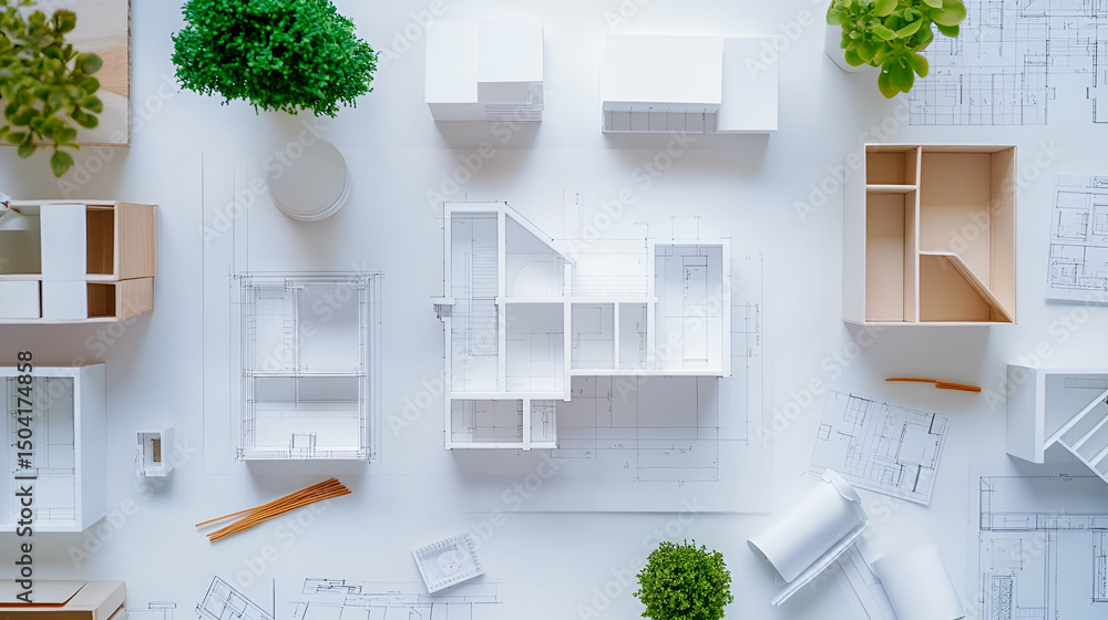 Poster overhead view of white architectural model with blueprints