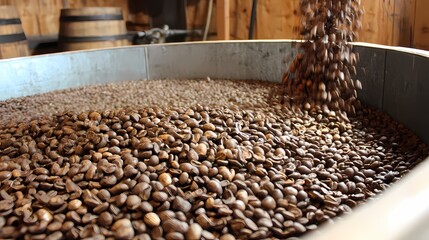 Freshly Roasted Coffee Beans in Large Metal Container