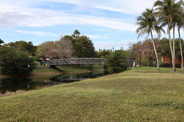 wooden bridge in the park across the canal river
