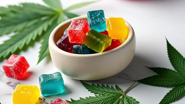 Colorful Cannabis Gummies with cannabis leaf in bowl on marble. Edibles concept.