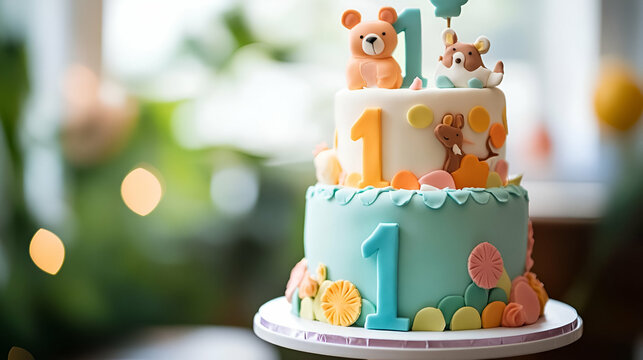 Pastel Two Tier First Birthday Cake with Animal Decorations