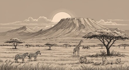 African Savanna Sunset Landscape - Serene African savanna at sunset, showcasing wildlife like zebras, giraffes, lions, and elephants. Symbolizing wildlife conservation, tranquility, adventure