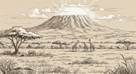 African Savanna Sunrise at Mount Kilimanjaro - Serene African savanna landscape, majestic Mount Kilimanjaro rising in the background, giraffes and elephants peacefully grazing