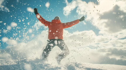 Naklejka premium Person in Red Jacket Joyfully Jumping in Snowy Landscape