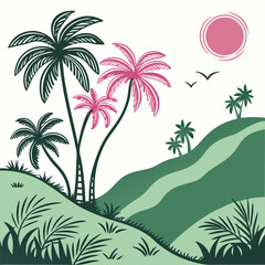 Tropical island beach with palm trees and sunset by the sea