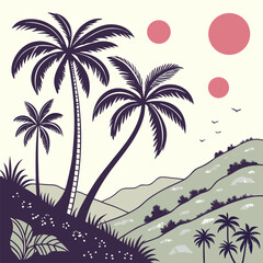 Tropical island beach with palm trees and sunset by the sea