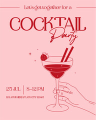 Modern minimalist cocktail party invitation in pink tones with a hand holding a drink. Elegant and festive design for summer events, birthdays, or celebrations.