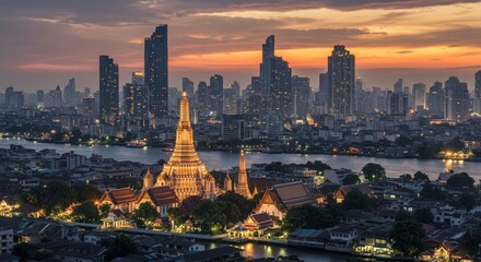 Fototapeta premium Bangkok Skyline and Temple at Sunset - Stunning sunset view of Bangkok's skyline