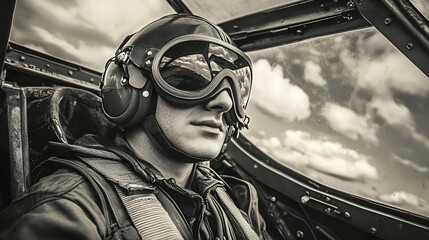 Pilot in Vintage Aircraft Cockpit, Black and White Portrait