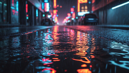 Obraz premium Rainwater flowing down a modern city street, reflections of neon lights on the wet surface, night scene, cinematic mood, urban atmosphere, dramatic rain effect
