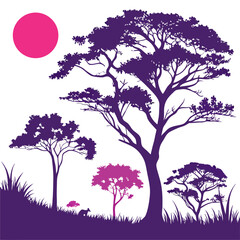 Obraz premium Silhouette of trees on a hill with orange sunset sky in a colorful forest landscape