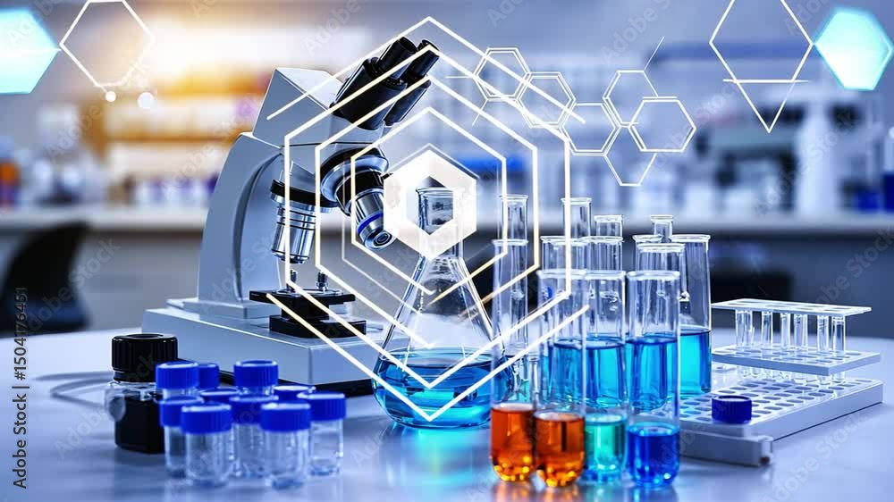 Poster a well-equipped laboratory setup with a microscope and test tubes containing colorful solutions, sym