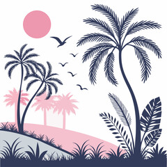 Obraz premium Tropical island beach with palm trees and sunset by the sea