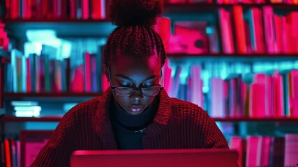 In a colorful library setting, a student engages deeply with their laptop. This footage captures the essence of concentration and learning. Perfect for educational content. Generative AI