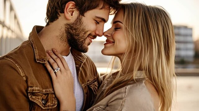A tender moment of love and affection between a couple, with their noses touching, gazing at each other with eyes closed. They are immersed in a moment of intimacy and romance.