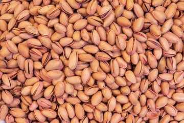 Close-up of Turkish pistachios in shell at Istanbul market. Natural background for advertising and design.