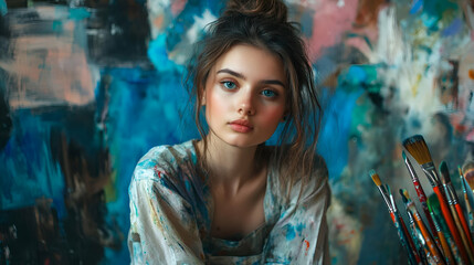 Portrait of a Young Woman Artist in Paint Spattered Studio