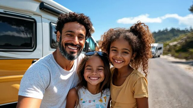 Happy African American father with two smiling daughters on road trip by campervan. Family, travel, lifestyle, summer, vacation, road, together.
