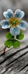 Fototapeta premium Dewy Flower on a Wooden Surface macro shot