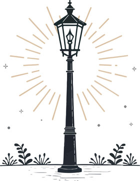 Vintage Street Lamp with Glowing Light and Plants - Fairytale Night Vector