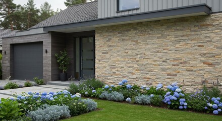 Modern Home Exterior with Stone Veneer and Landscaping - Contemporary house showcasing elegant stone veneer wall, complemented by a well-maintained garden with blooming hydrangeas