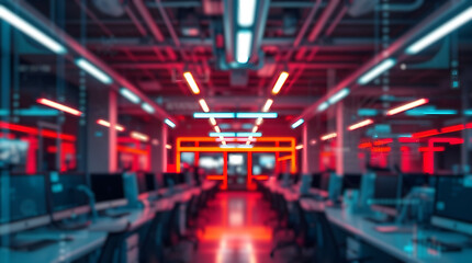 Modern neon cyberpunk open space office interior blurred with information technology overlay. Corporate strategy for finance, operations, marketing. Technology