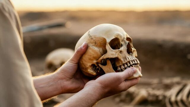 Archaeologist inspecting human skull in excavation site