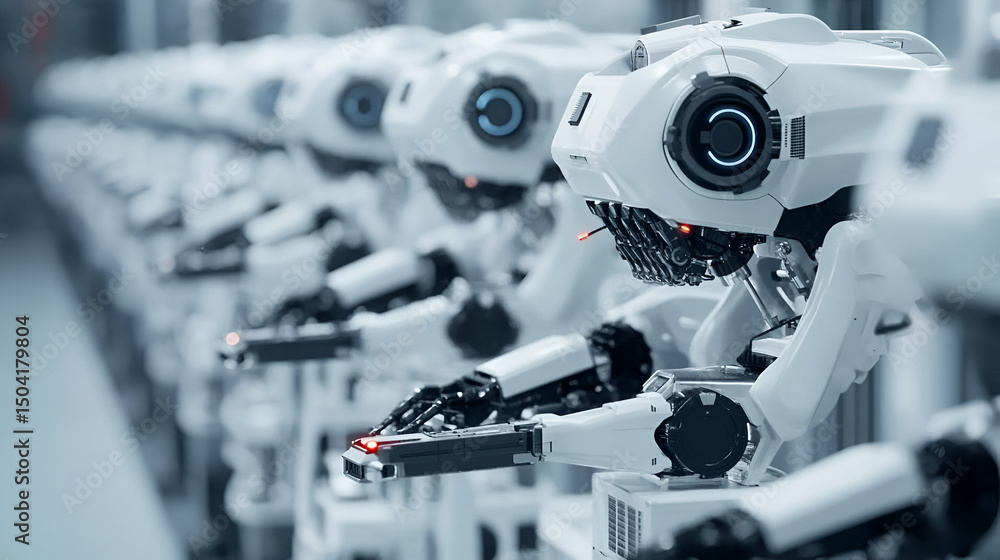 Poster row of white industrial robots on assembly line