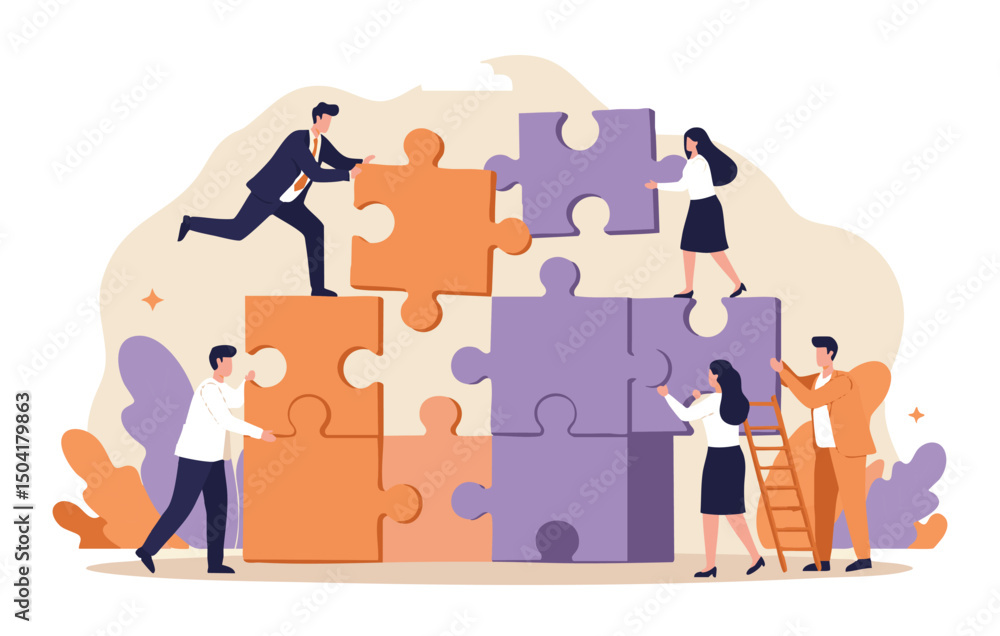 Poster teamwork building success together through collaborative puzzle solving and strategic problem-solvin