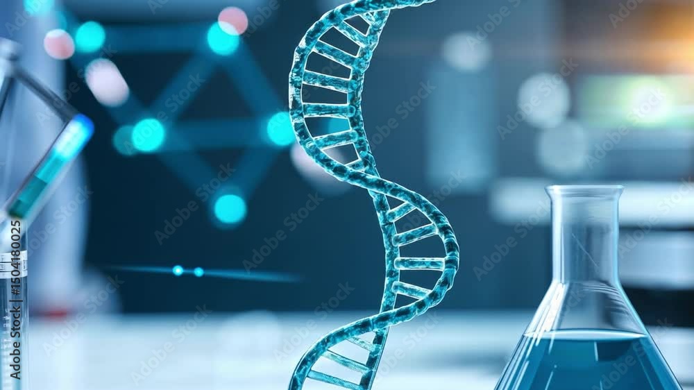 Poster a close-up of a dna double helix structure with lab equipment in the background. it's a symbol of sc