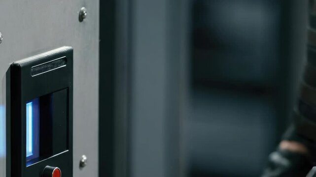 Security personnel using key card for restricted access