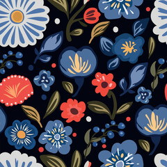 Simple folk art fantasy flower pattern. Hand drawn. Bright garden texture for printing on paper and textiles. Red and blue color scheme on a dark background. For children.