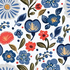 Simple folk art fantasy flower pattern. Hand drawn. Bright garden texture for printing on paper and textiles. Red and blue color scheme on a light background. For children.