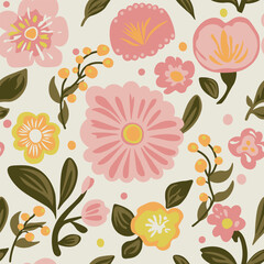 Simple pattern of fantasy flowers. Hand drawn. Bright garden texture for printing on paper and textiles. Pink and yellow color scheme on a light background. For children.