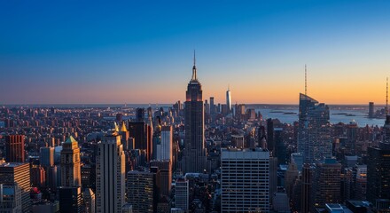 Naklejka premium New York City Skyline Dusk Panorama - Stunning panoramic view of the New York City skyline at dusk. Captures the city's energy, ambition, beauty