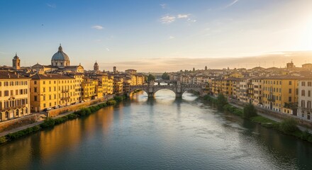 Fototapeta premium Ponte Pietra Riverfront at Sunrise - Stunning sunrise view over Ponte Pietra and the Adige River in Verona, Italy. Golden light illuminates historic buildings