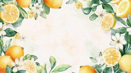 A refreshing watercolor illustration of a rectangular frame featuring citrus blossoms, lemon branches, and sprigs of mint, radiating a vibrant Mediterranean charm, 