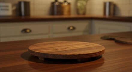 Wooden round cutting board on counter top, in kitchen. For cooking tutorials