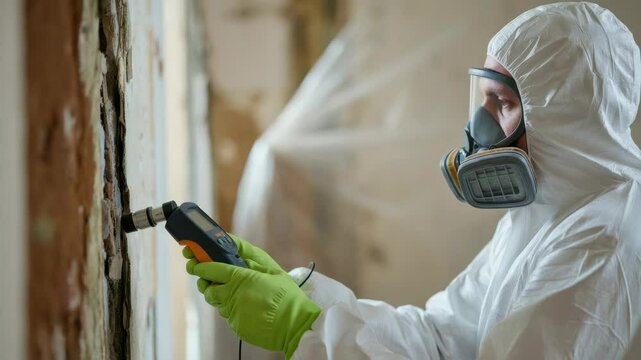 Person in hazmat suit inspecting mold on wall with device