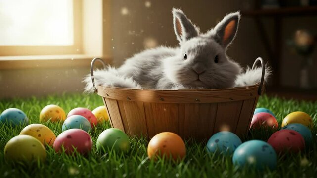 Gray easter bunny in basket with eggs