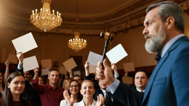 Auctioneer conducting auction, bidders raising paddles in elegant venue