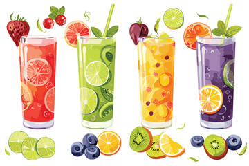 Set of various fruit and vegetable juices illustration isolated on white background.