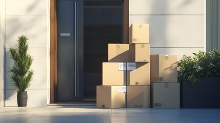 Stack of Cardboard Packages at a Residential Front Door