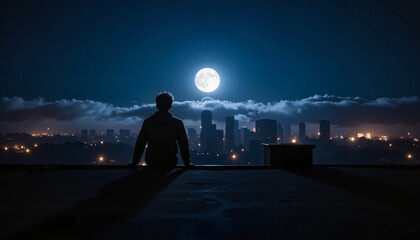 Fototapeta premium Man overlooking city skyline under full moon at night 