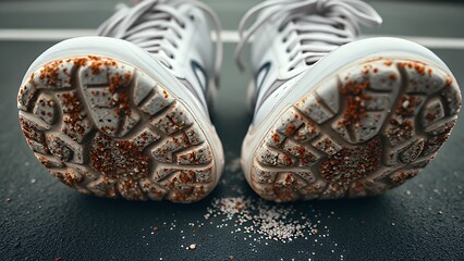 Naklejka premium Tennis shoes with court surface particles embedded in treads, showing match history