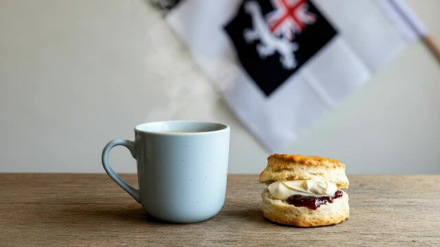 Steaming mug and scone on table with flag in background
