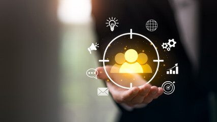 businessman showing business goal setting concept ,Target Growth development planning ,Organizational growth and objectives ,customer analysis ,Cogs and driving business success ,audience target